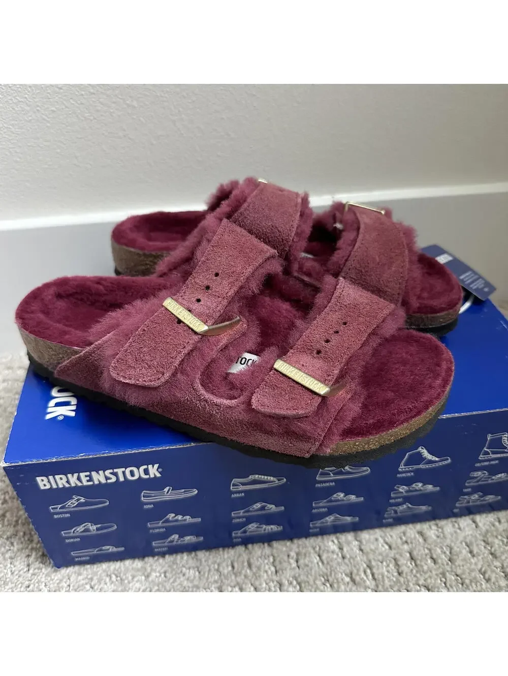 Birkenstock Arizona Shearling Suede Slide Sandal Maroon Red NIB Size 5-5.5/36EU